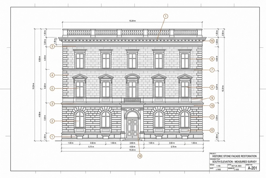 Technical 2D measured-survey elevation drawing with dimensions and numbered callouts